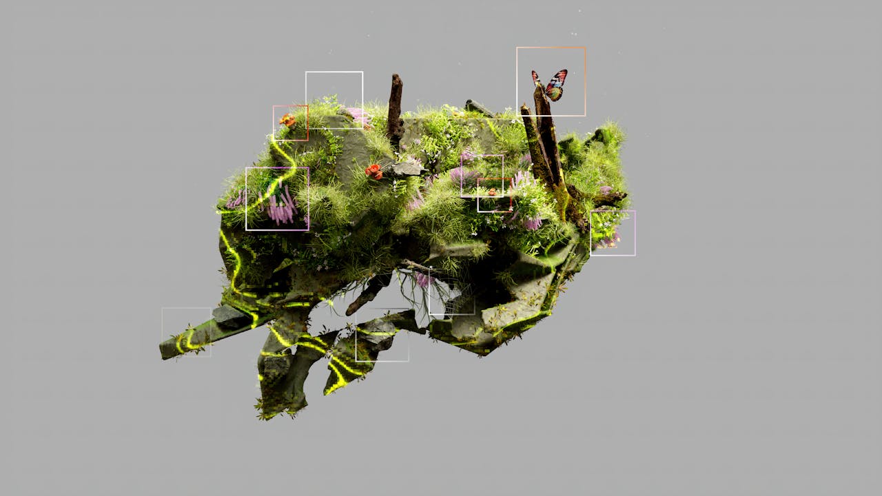 3D rendered abstract eco-system depicting nature and technology symbiosis.
